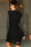 Sort Glitter Beaded Langærmet Bodycon Cocktail Kjole