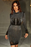 Sort Glitter Beaded Langærmet Bodycon Cocktail Kjole