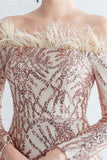 Glitrende Off The Shoulder Pailletter Golden Prom Kjole med fjer