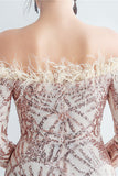 Glitrende Off The Shoulder Pailletter Golden Prom Kjole med fjer