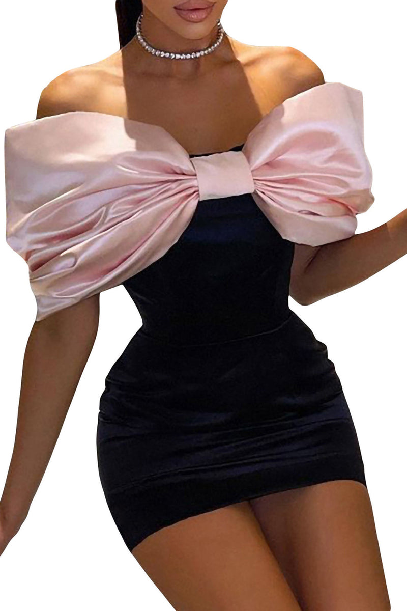 Indlæs billede til gallerivisning Off The Shoulder Big Bowknot Black Pink Homecoming Dress