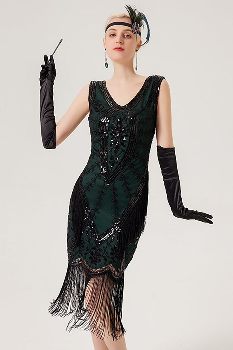 Indlæs billede til gallerivisning Glitrende sort flapper kjole med frynser