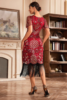 Rød V-hals frynser 1920'erne Gatsby kjole med pailletter