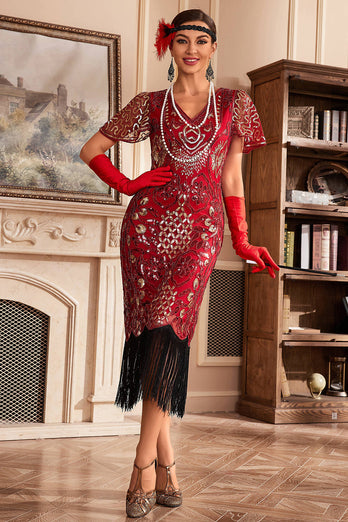 Sort gylden V-halsfrynser 1920'erne Gatsby kjole med pailletter
