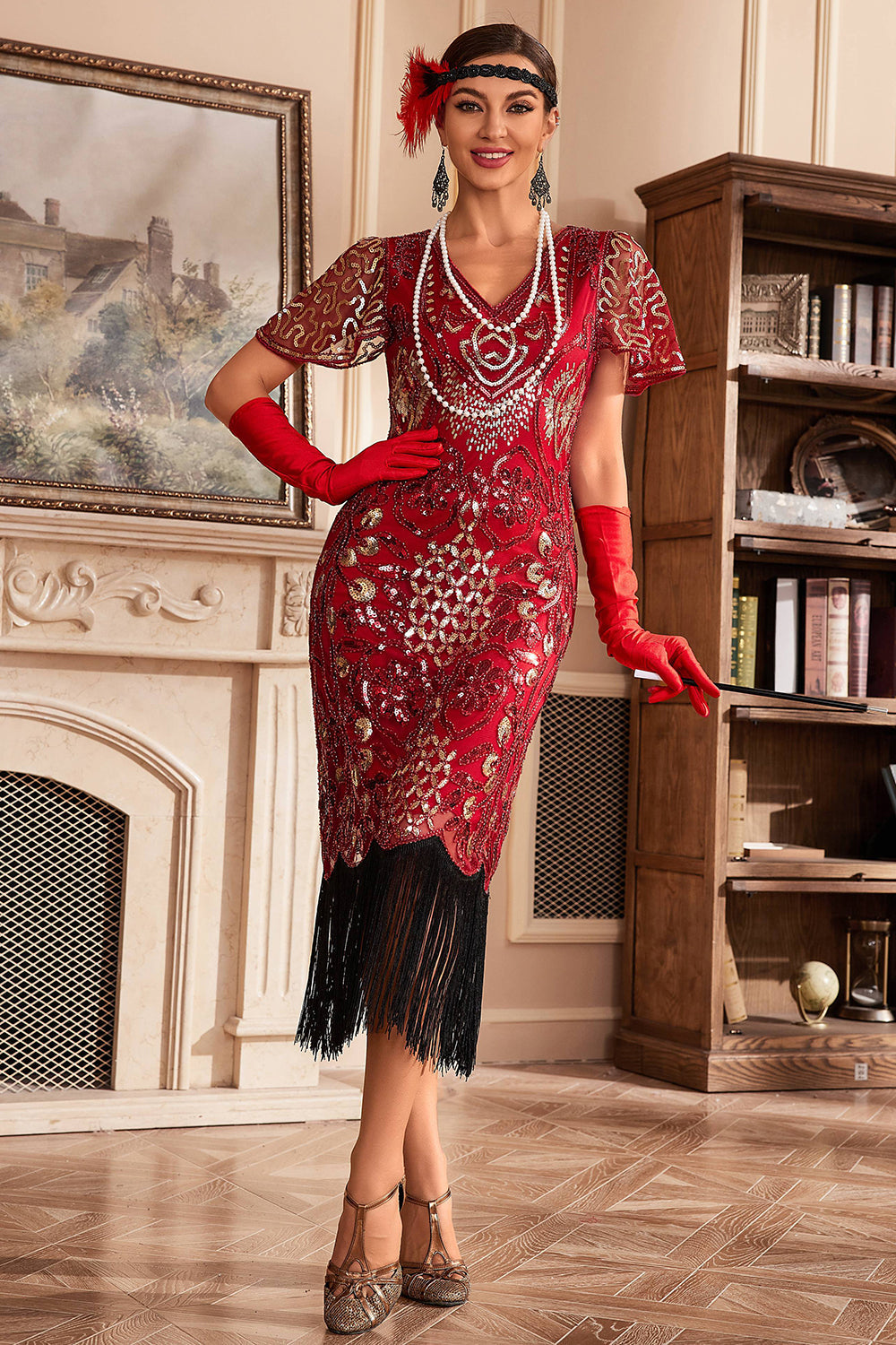 Rød V-hals frynser 1920'erne Gatsby kjole med pailletter