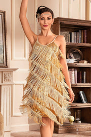 Golden Spaghetti Straps Fringed Brølende 20'er Great Gatsby kjole