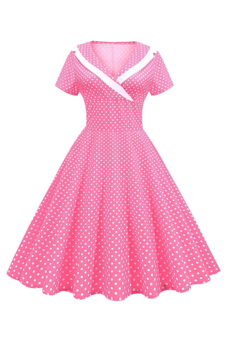 Indlæs billede til gallerivisning Pink Polka Dots V-hals korte ærmer 1950&#39;erne kjole