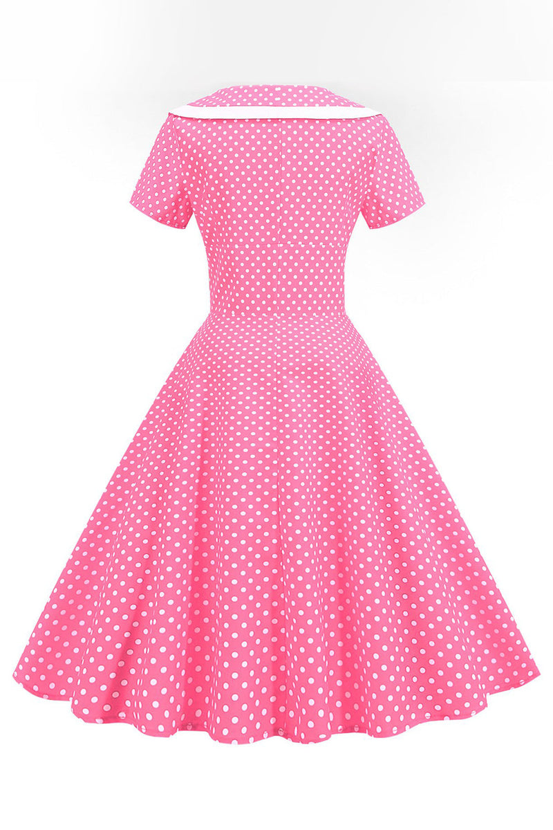 Indlæs billede til gallerivisning Pink Polka Dots V-hals korte ærmer 1950&#39;erne kjole