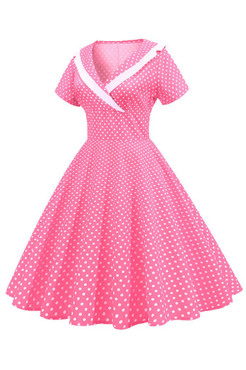 Pink Polka Dots V-hals korte ærmer 1950'erne kjole
