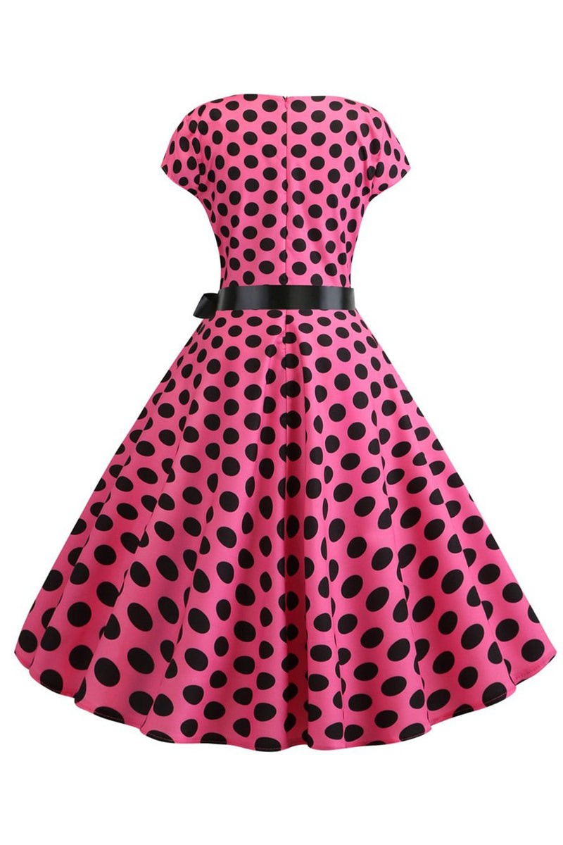 Indlæs billede til gallerivisning Pink Black Polka Dots Cap Ærmer 1950&#39;erne Kjole
