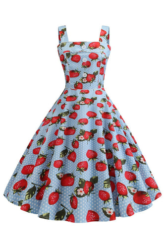 Strawbarries trykt blå ærmeløs kjole fra 1950'erne