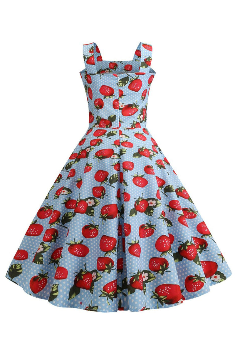 Indlæs billede til gallerivisning Strawbarries trykt blå ærmeløs kjole fra 1950&#39;erne