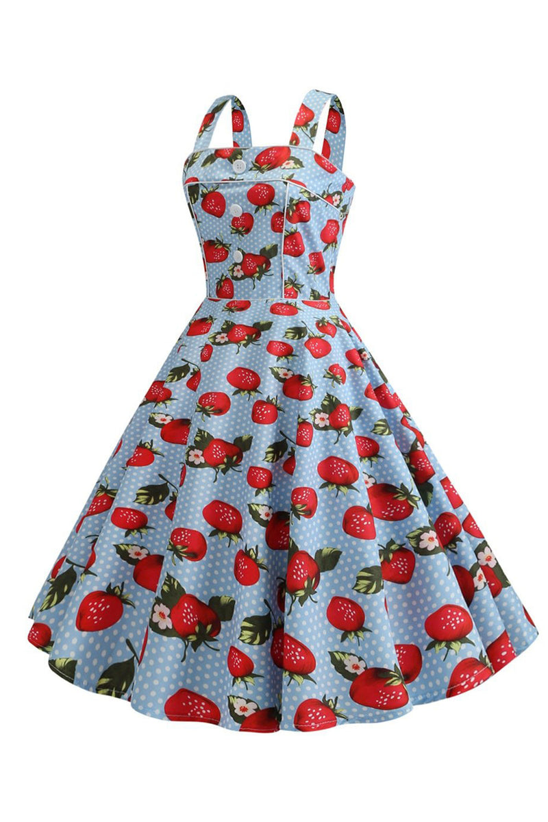 Indlæs billede til gallerivisning Strawbarries trykt blå ærmeløs kjole fra 1950&#39;erne