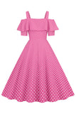 Kold skulder Polka Dots Barbie Pink 1950'erne kjole