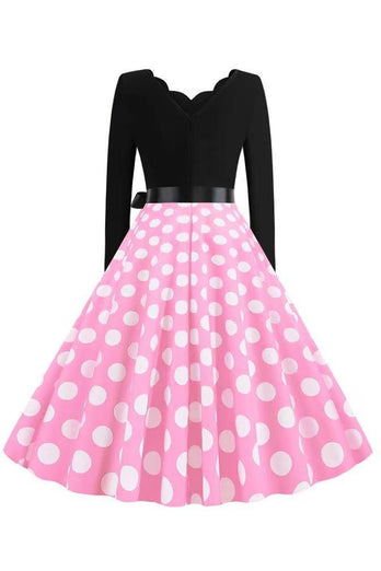 Polka Dots Pink Langærmet 1950'erne Kjole