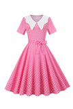 Pink Polka Dot korte ærmer Peter Pan Vintage Kjole