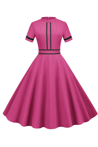 Fuchsia korte ærmer A Line 1950'erne kjole