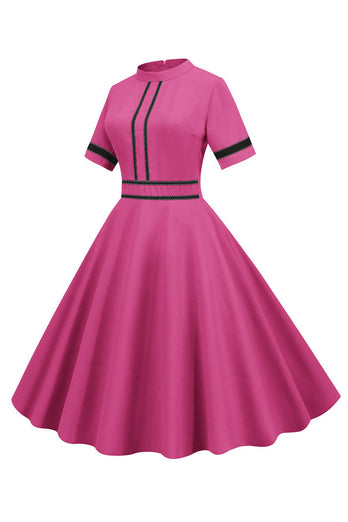 Fuchsia korte ærmer A Line 1950'erne kjole