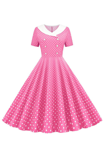 Polka Dots Pink Boat Neck Korte ærmer 1950'erne kjole med bowknot