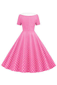 Polka Dots Pink Boat Neck Korte ærmer 1950'erne kjole med bowknot