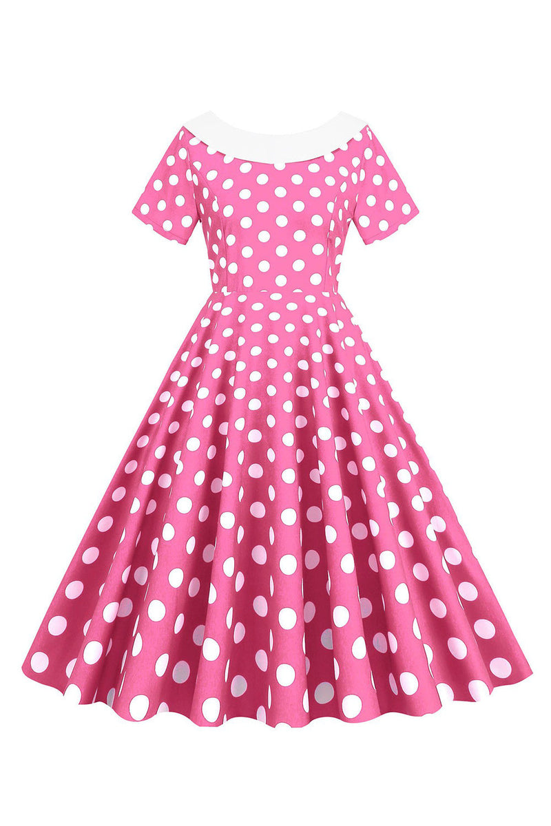 Indlæs billede til gallerivisning Pink Polka Dots Bådhals 1950&#39;erne kjole med bowknot
