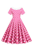 Pink Polka Dots Bådhals 1950'erne kjole med bowknot