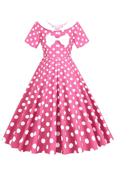 Pink Polka Dots Bådhals 1950'erne kjole med bowknot