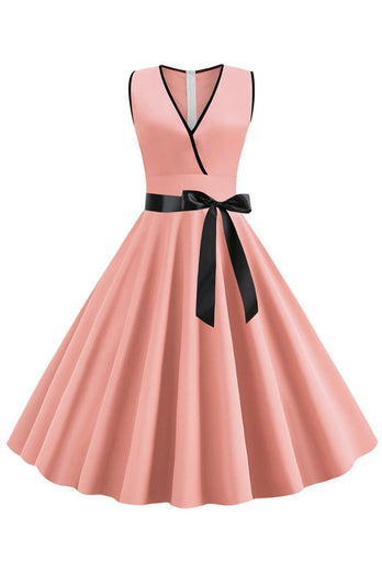 Blush ærmeløs V-hals 1950'er kjole med bowknot