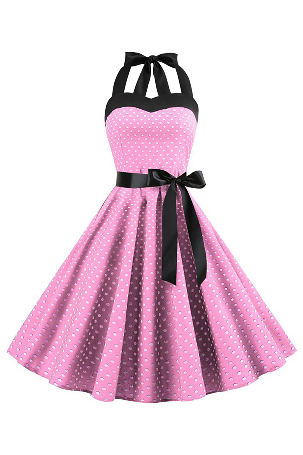 Pink Polka Dots Halter 1950'er kjole med bowknot