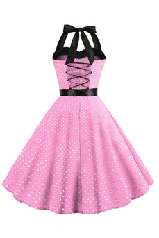 Pink Polka Dots Halter 1950'er kjole med bowknot