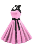 Pink Polka Dots Halter 1950'er kjole med bowknot