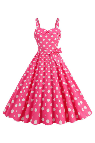 Lyserøde spaghettistropper Polka Dots 1950'erne kjole med bowknot