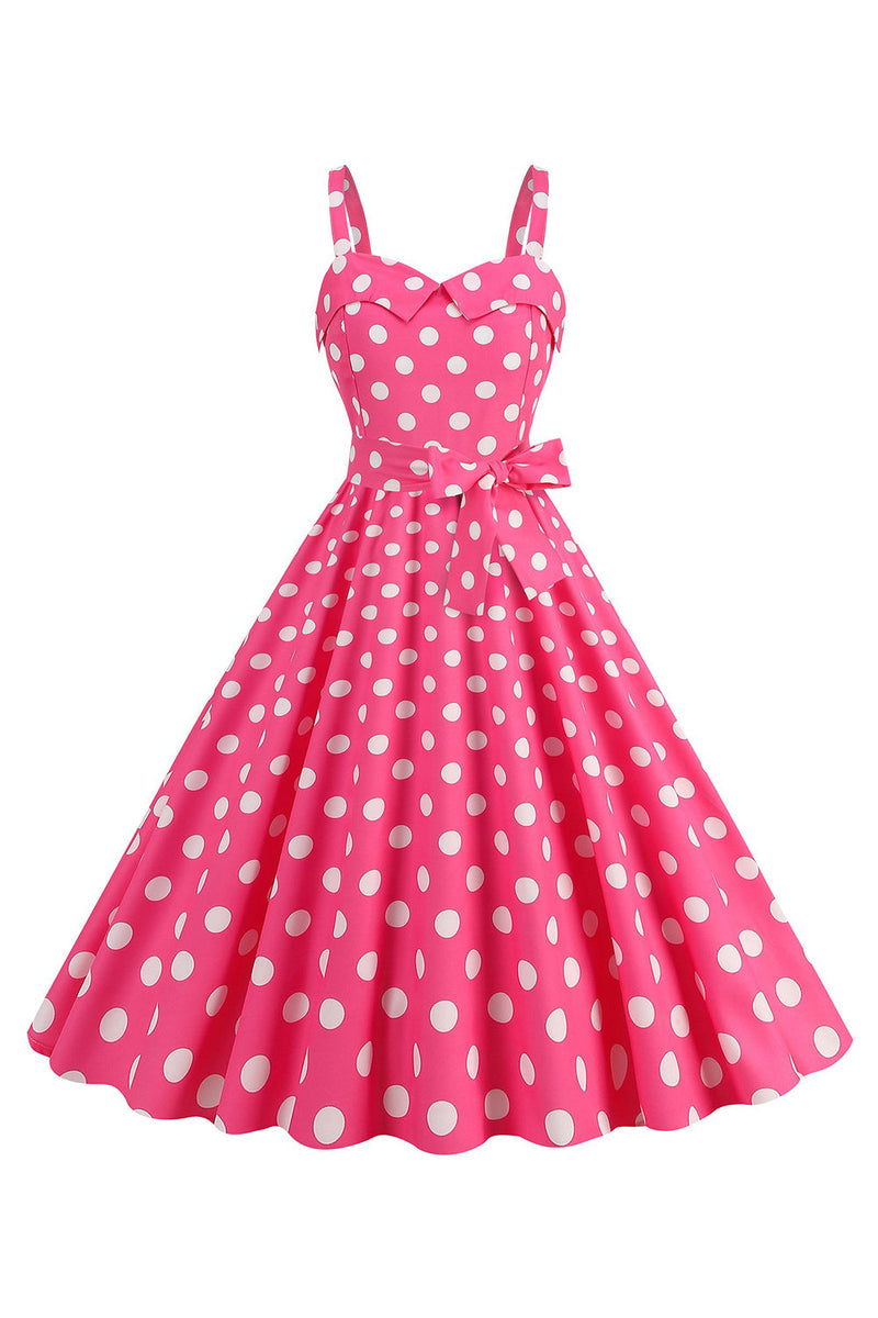 Indlæs billede til gallerivisning Lyserøde spaghettistropper Polka Dots 1950&#39;erne kjole med bowknot