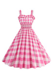 Pink Plaid A Line Smocked 1950'erne Kjole