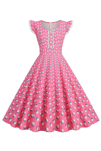 A Line Pink Polka Dots Flutter Sleeves Vintage Kjole