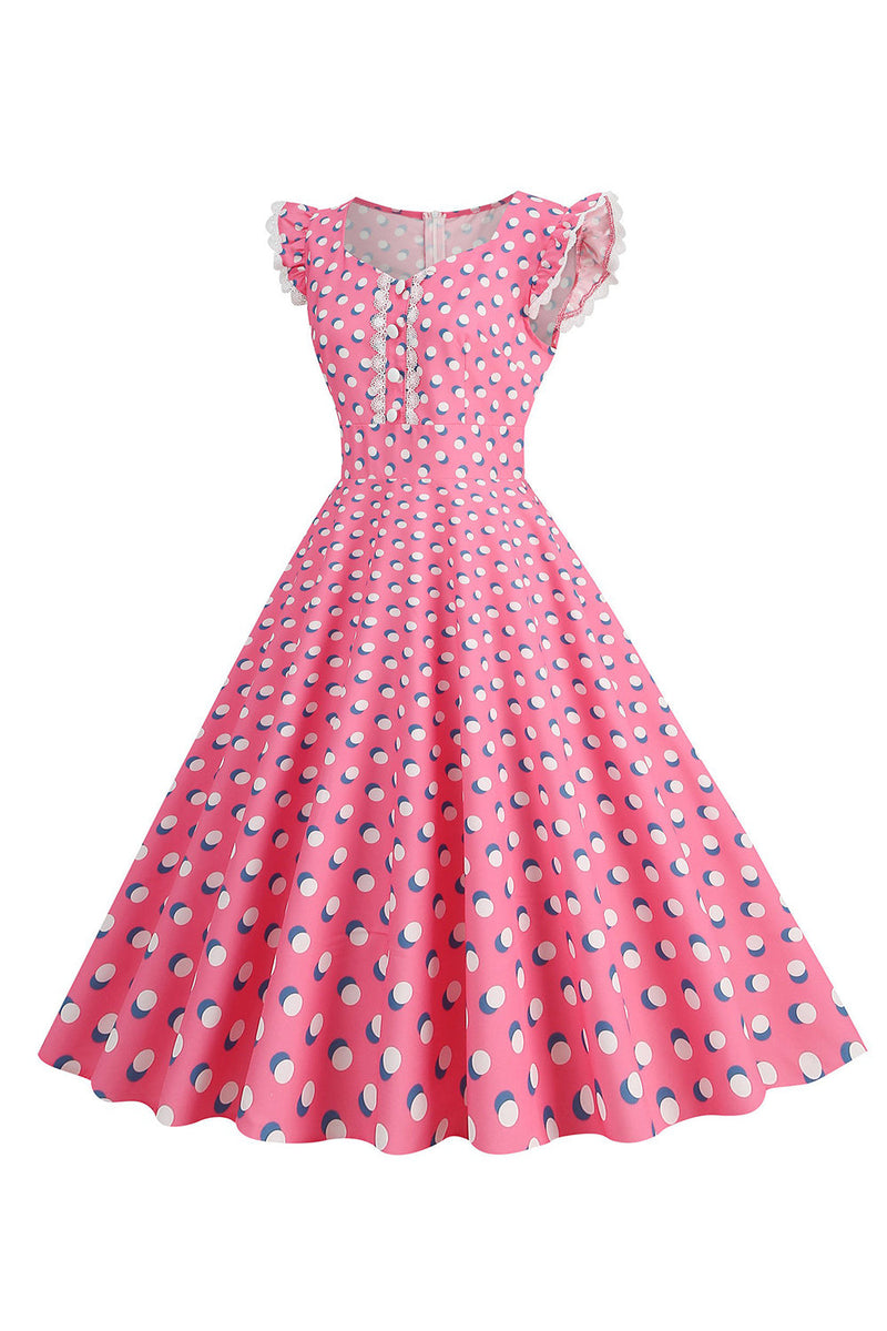 Indlæs billede til gallerivisning A Line Pink Polka Dots Flutter Sleeves Vintage Kjole