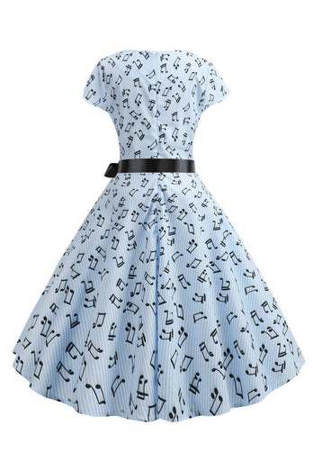 Lyseblå trykte kasketærmer 1950'erne kjole