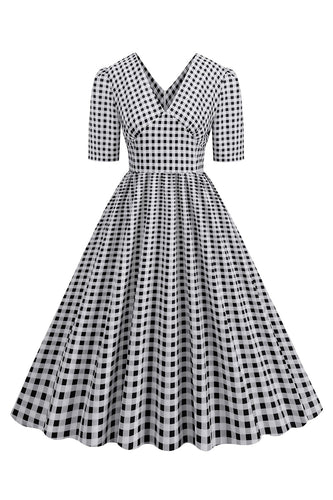 Sort plaid V-hals korte ærmer 1950'erne kjole
