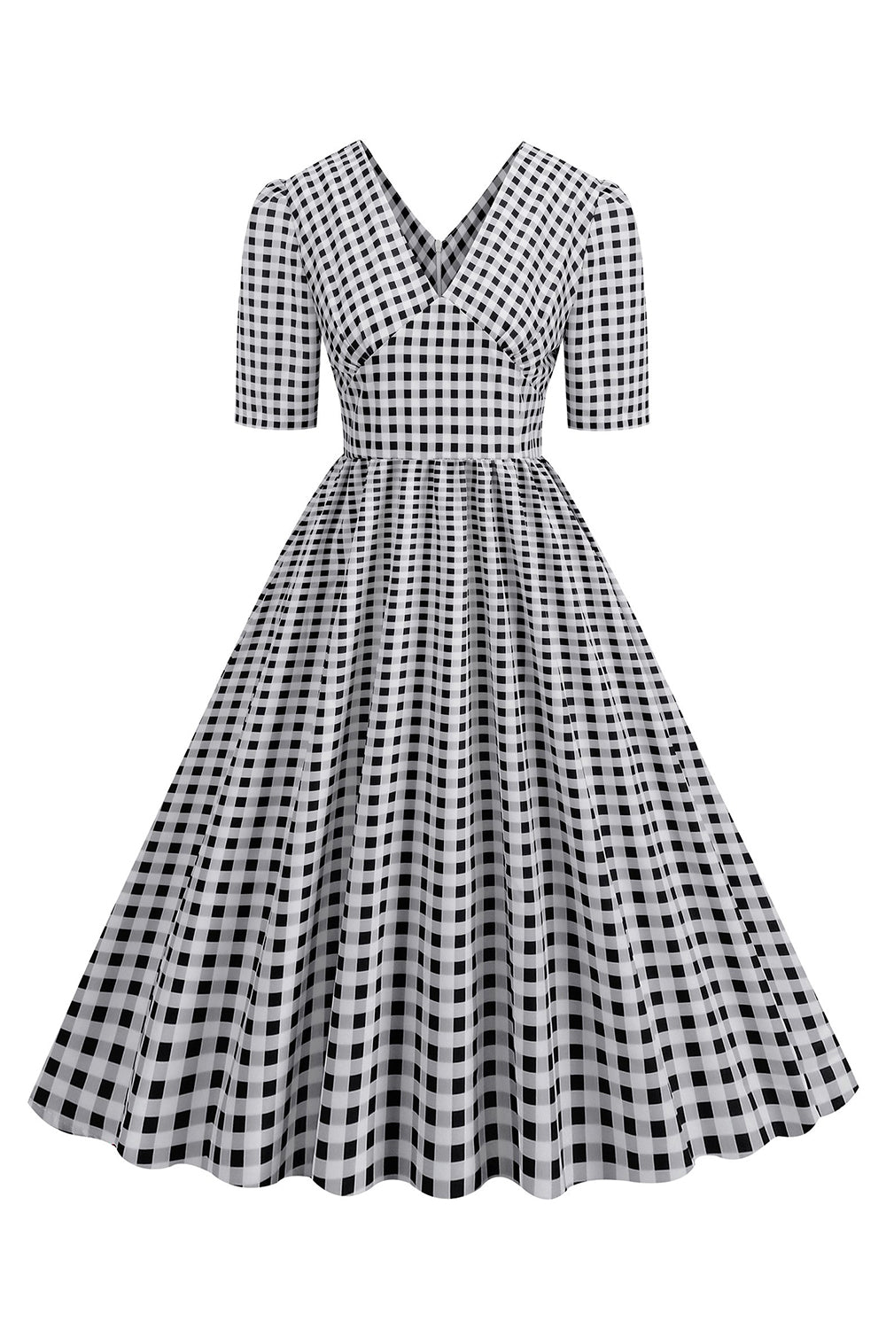 Sort plaid V-hals korte ærmer 1950'erne kjole