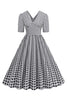 Indlæs billede til gallerivisning Sort plaid V-hals korte ærmer 1950&#39;erne kjole