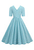 Indlæs billede til gallerivisning Sort plaid V-hals korte ærmer 1950&#39;erne kjole