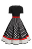 Indlæs billede til gallerivisning Sort hvid Polka Dots V-hals vintage kjole med bælte