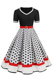 Sort hvid Polka Dots V-hals vintage kjole med bælte