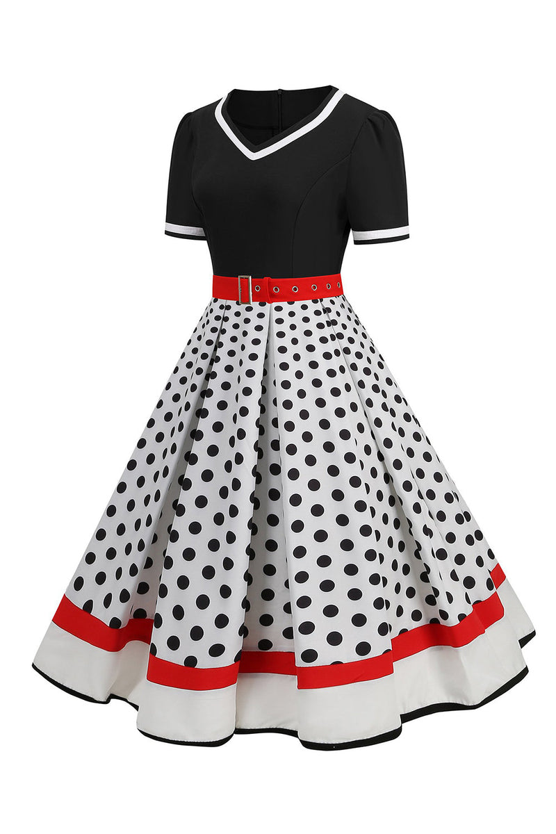 Indlæs billede til gallerivisning Sort hvid Polka Dots V-hals vintage kjole med bælte