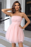 Pink Strapless A Line Tulle Kort Homecoming Kjole