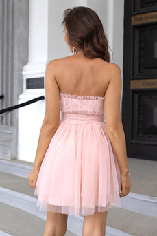 Pink Strapless A Line Tulle Kort Homecoming Kjole