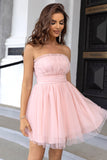 Pink Strapless A Line Tulle Kort Homecoming Kjole