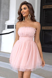 Pink Strapless A Line Tulle Kort Homecoming Kjole