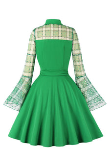 Plaid Langærmer Grøn vintage kjole