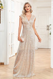 Champagne ærmeløs V-hals A Line Sparkly Prom Dress